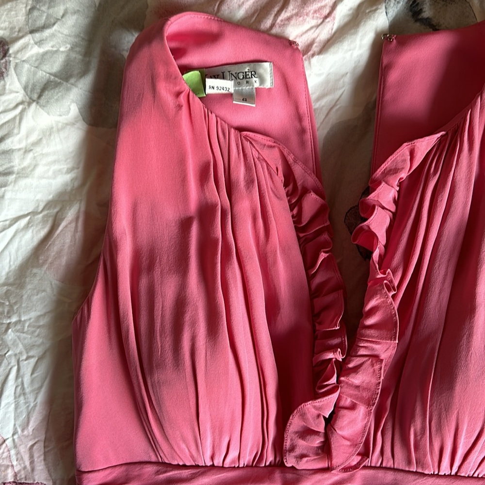 Kay Unger Pink Silk Ruffle Ruched Cocktail Dress, Deep V-Neck & Back Opening - Picture 7 of 11